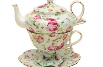 Gracie China by Coastline Imports 4-Piece Porcelain Tea for One, Stacked Teapot Cup Saucer, Blue Cottage Rose Chintz