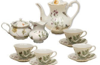 Gracie China Butterfly 11-Piece Porcelain Tea Set, 4-Cup Teapot Sugar Creamer and Four 6-Ounce Cups and Saucers