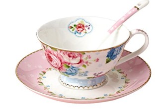 Jsaron Porcelain Tea Coffee Cup Romantic Rose Series with Spoon and Saucer Set Coffee Mug