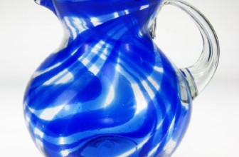 Mexican Glass Margarita or Juice Pitcher, Blue Swirl Design, Bola or Bowl Shape Design