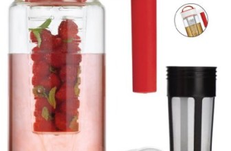 3 in 1 Clear Glass Red Infusion Pitcher Drink Maker 1.65-L, Fruit Infuser, Tea Brewing Filter & Ice Chiller Included, Natural Fruit Flavor Water Infuser Jug with Silicone Handle