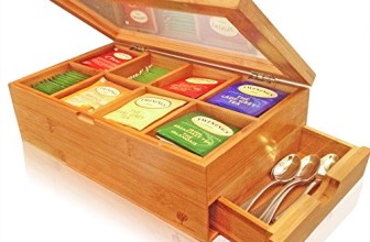 Best Bamboo Tea Box Natural Chest with Clear Hinged Lid, 8 Storage Sections with Expandable Drawer