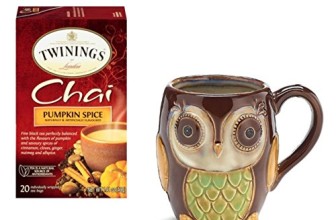 Twinings Pumpkin Spice Chai Tea with Chocolate Porcelain Owl Mug – Gift Boxed Bundle -Drink the Fall Season in Style