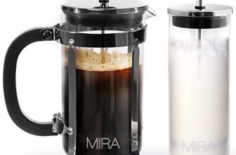 MIRA French Press Coffee Maker – 34 oz 1 liter, strong borosilicate glass, with bonus Milk Frother
