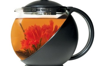 Primula Flowering Tea Set with Half-Moon 40-Ounce Pot, Black/Glass