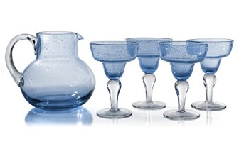 Artland Iris Light Blue Seeded Glass 2.8 Quart Pitcher with 4 Piece 8 Ounce Margarita Glass Set