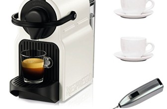 Nespresso C 40 Inissia Espresso Maker (White) with Two 3 oz Ceramic Tiara Espresso Cups and Saucers and Knox Handheld Milk Frother