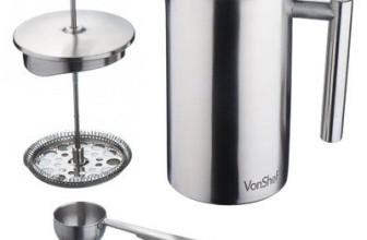 VonShef Double-Wall Keep Warm Satin Brushed Stainless Steel French Press Cafetiere Coffee Filter(6 Cup w/ Measuring Spoon and Sealing Clip). Available in sizes 3, 6 and 8 Cup