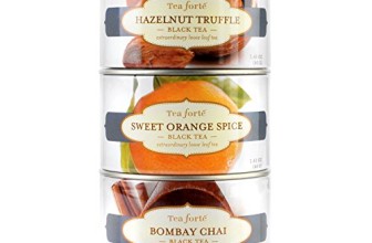 Tea Forte LOOSE LEAF TEA TRIO, 3 Small Tea Tins, Black Tea Sampler – Hazelnut Truffle, Sweet Orange Spice, Bombay Chai