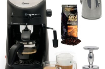 Capresso 303.01 Capresso 4-cup Espresso Cappuccino Machine with New 20 oz Espresso Coffee Milk Frothing Pitcher + Espresso Tamper (CD) and Whole Bean Coffee (8.8oz) Swiss Roast Regular