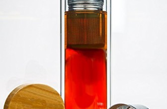 Tea Infuser Bottle by IBCE – Double-wall Glass Tea Tumbler with Stainless Steel Tea Filter and Bamboo Lid